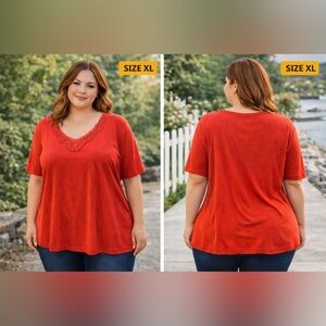 Plus Size Lace-Trim V-Neck Top - Red XL